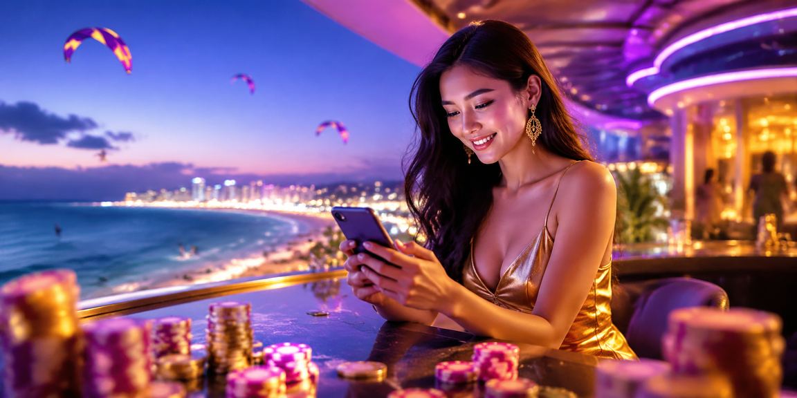 Người chơi tại Mũi Né sử dụng điện thoại truy cập casino trực tuyến lv2 với ánh đèn neon rực rỡ